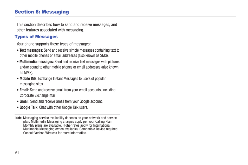 Section 6: messaging, Types of messages | Samsung SCH-I400ZKOVZW User Manual | Page 64 / 183