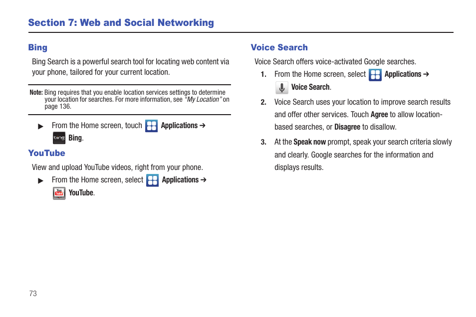 Section 7: web and social networking, Bing, Youtube | Voice search, Bing youtube voice search | Samsung SCH-I400ZKOVZW User Manual | Page 75 / 183