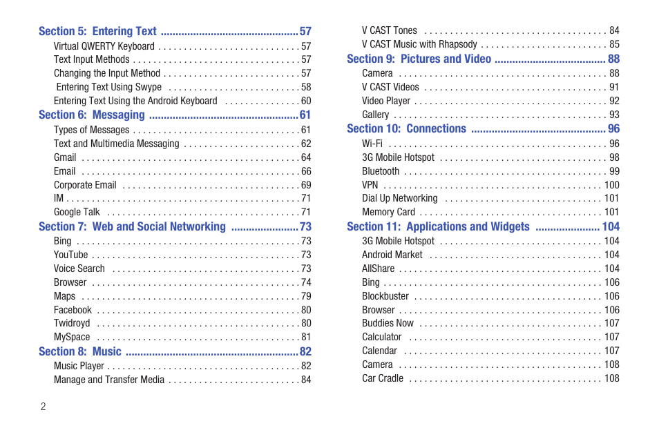 Section 5: entering text 57, Section 6: messaging 61, Section 7: web and social networking 73 | Section 8: music 82, Section 9: pictures and video 88, Section 10: connections 96, Section 11: applications and widgets 104 | Samsung SCH-I400ZKOVZW User Manual | Page 8 / 183