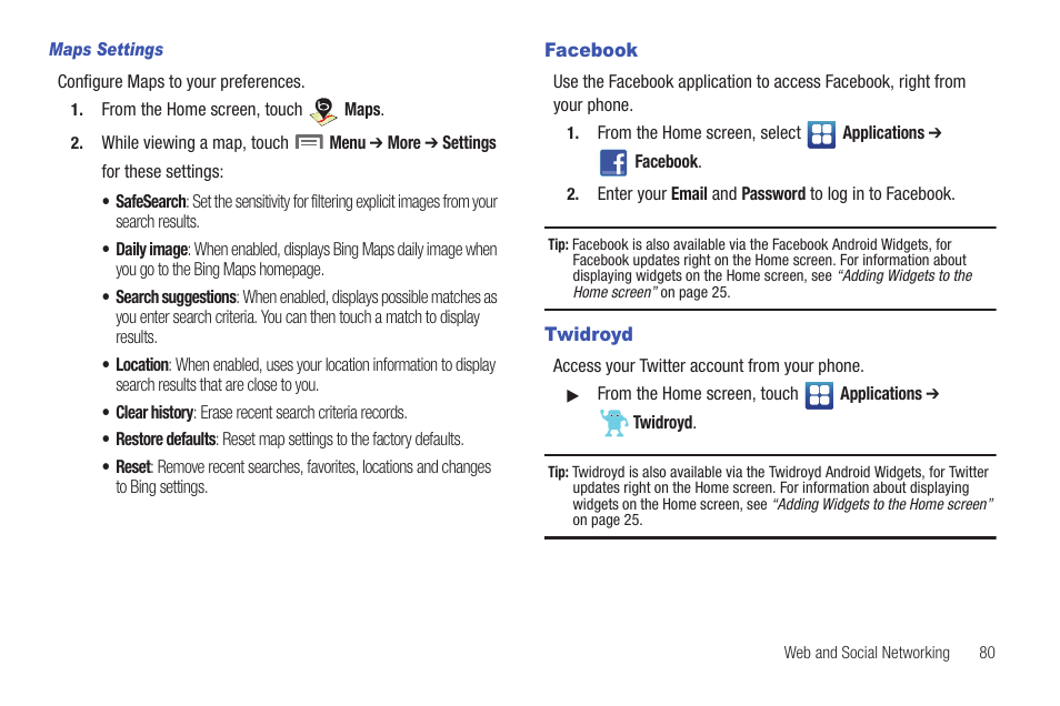 Facebook, Twidroyd, Facebook twidroyd | Samsung SCH-I400ZKOVZW User Manual | Page 82 / 183