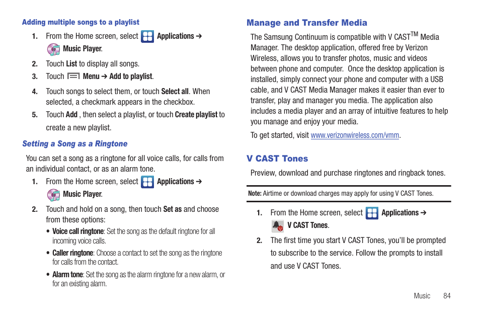 Manage and transfer media, V cast tones | Samsung SCH-I400ZKOVZW User Manual | Page 86 / 183