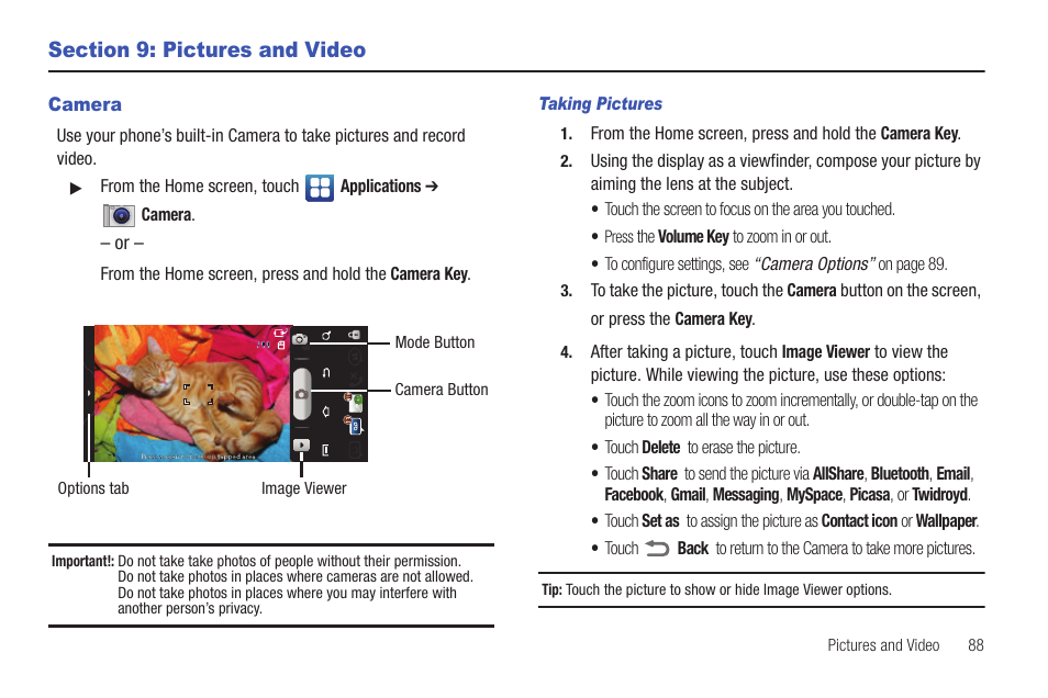 Section 9: pictures and video, Camera | Samsung SCH-I400ZKOVZW User Manual | Page 89 / 183