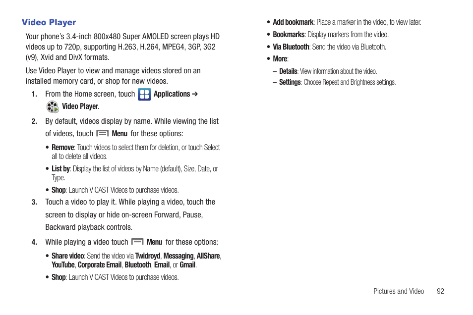 Video player | Samsung SCH-I400ZKOVZW User Manual | Page 93 / 183