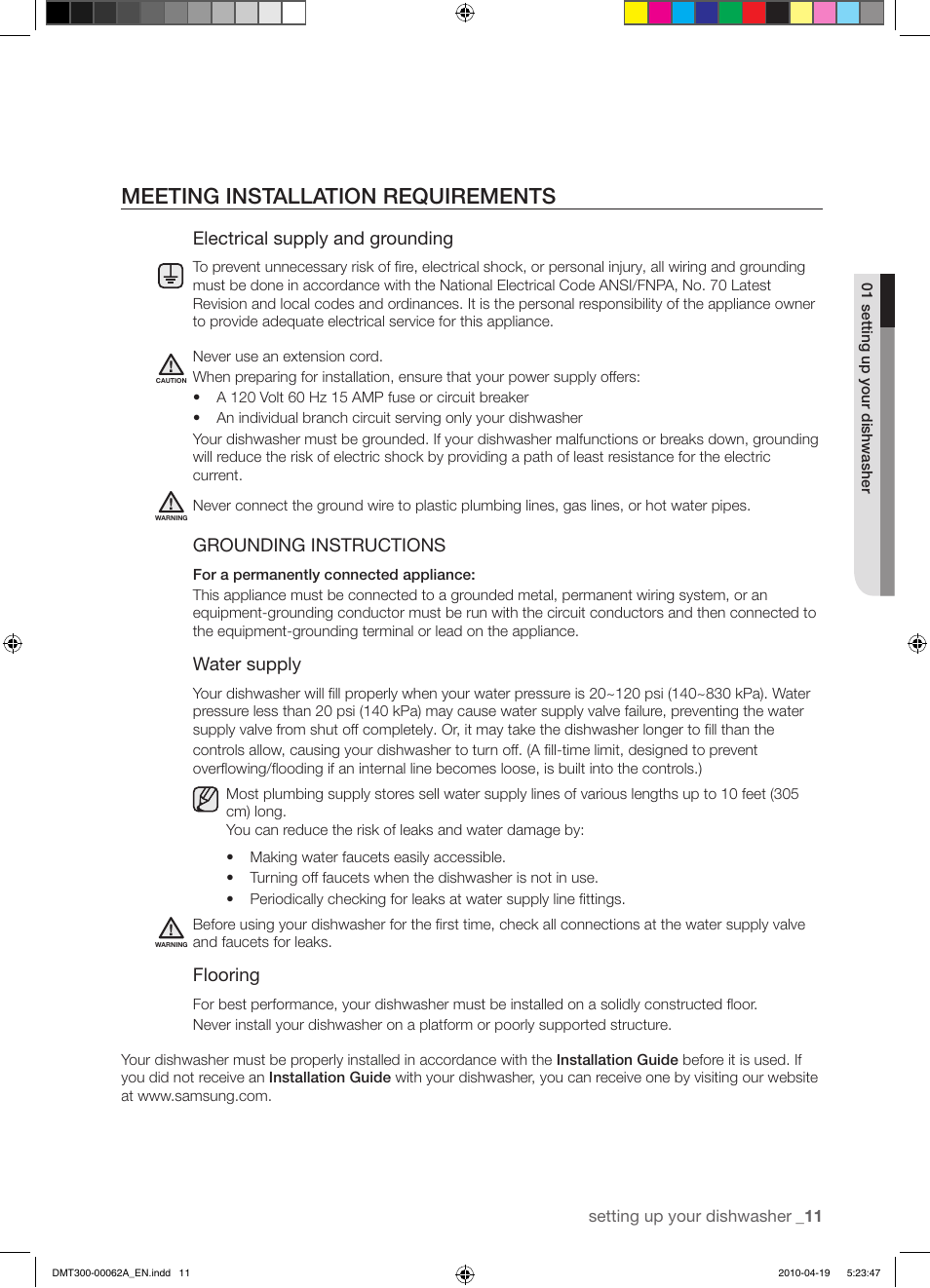Meeting installation requirements, Electrical supply and grounding, Grounding instructions | Water supply, Flooring | Samsung DMT300RFB-XAA User Manual | Page 11 / 30