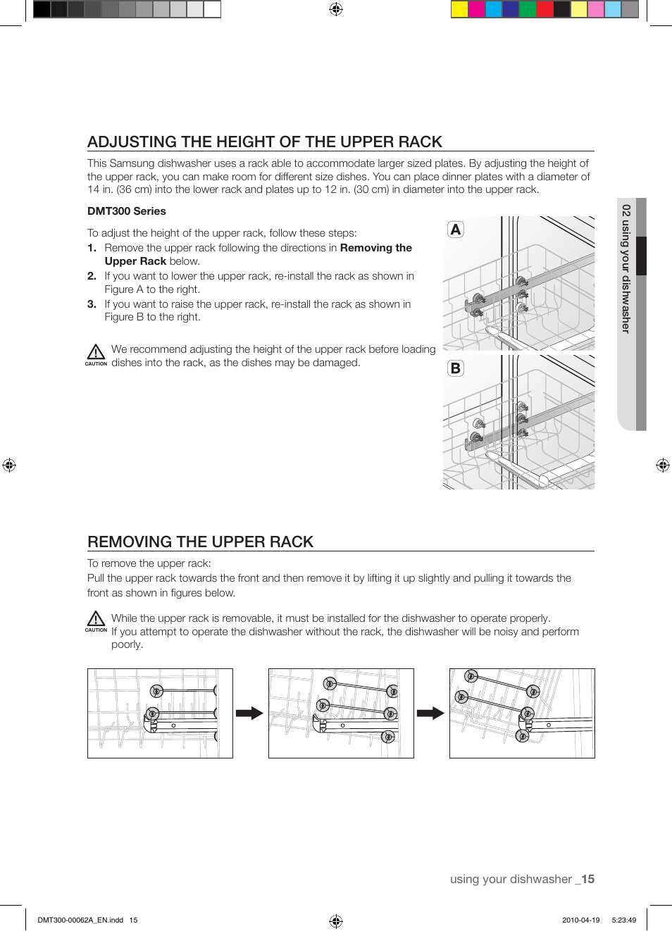 Adjusting the height of the upper rack, Removing the upper rack | Samsung DMT300RFB-XAA User Manual | Page 15 / 30