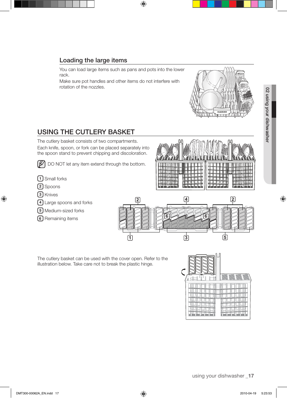 Using the cutlery basket, Loading the large items | Samsung DMT300RFB-XAA User Manual | Page 17 / 30