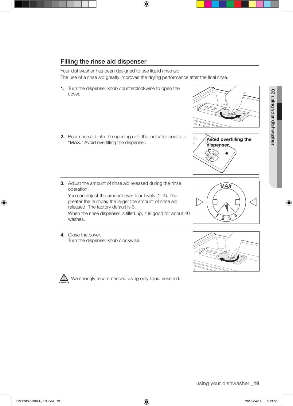 Filling the rinse aid dispenser | Samsung DMT300RFB-XAA User Manual | Page 19 / 30