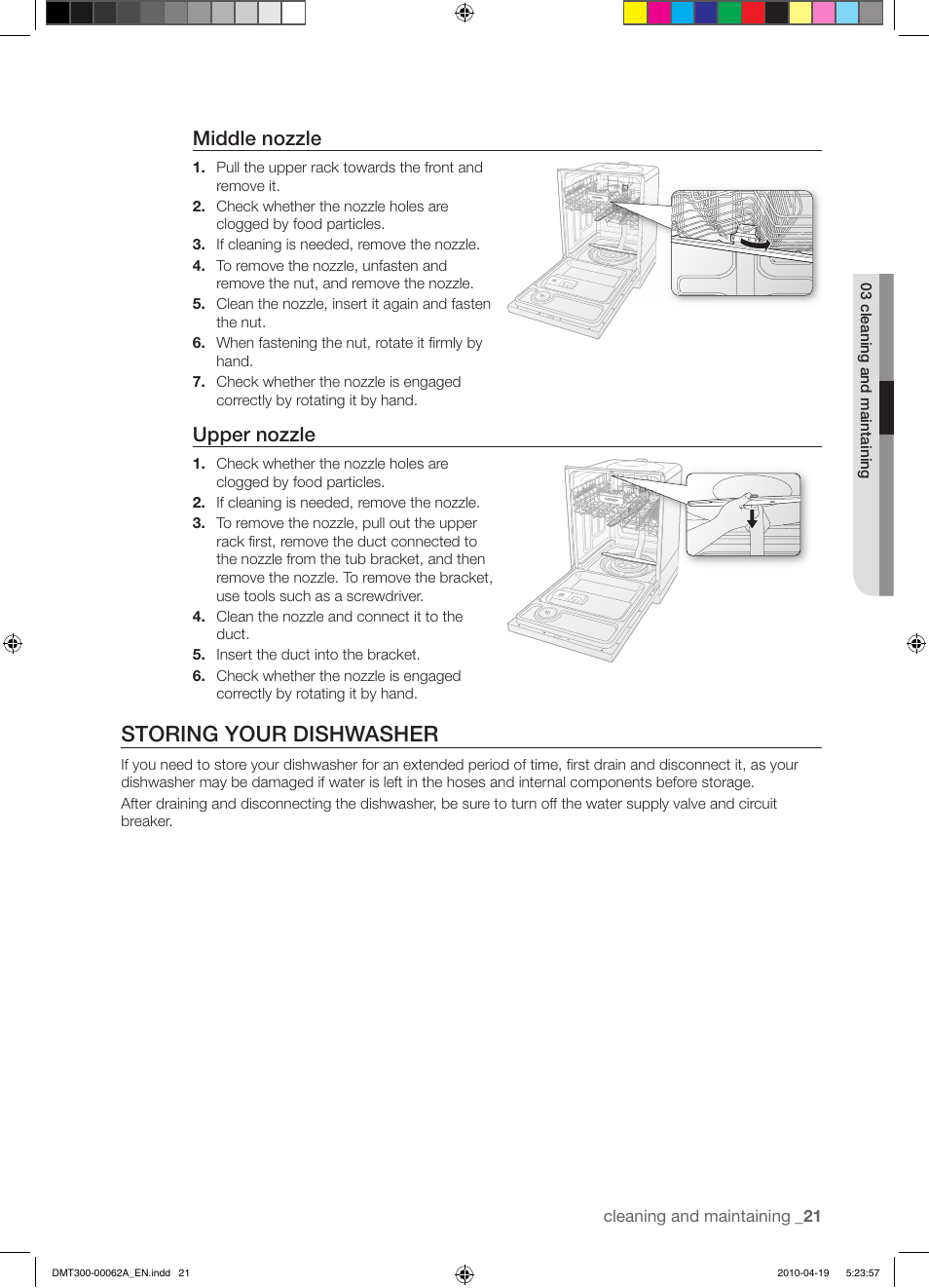 Storing your dishwasher, Middle nozzle, Upper nozzle | Samsung DMT300RFB-XAA User Manual | Page 21 / 30