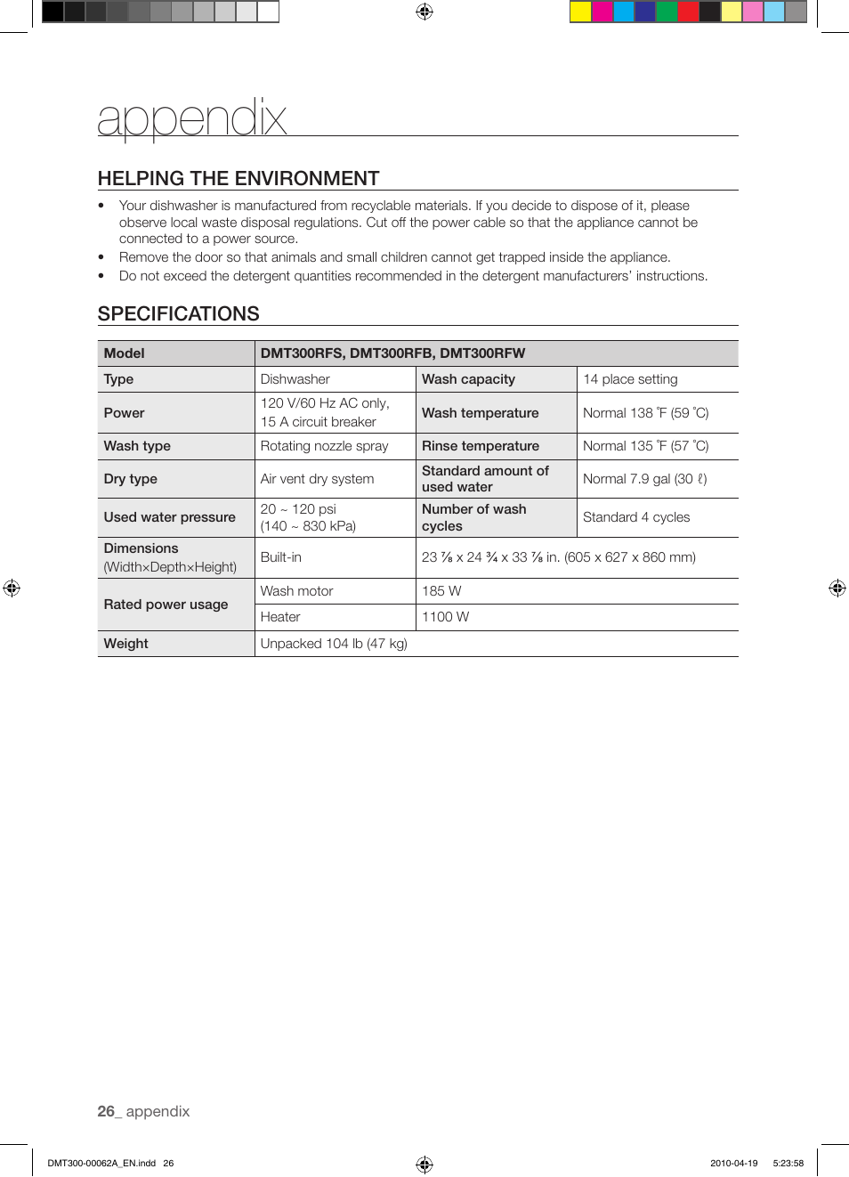 Appendix, Helping the environment, Specifications | Samsung DMT300RFB-XAA User Manual | Page 26 / 30