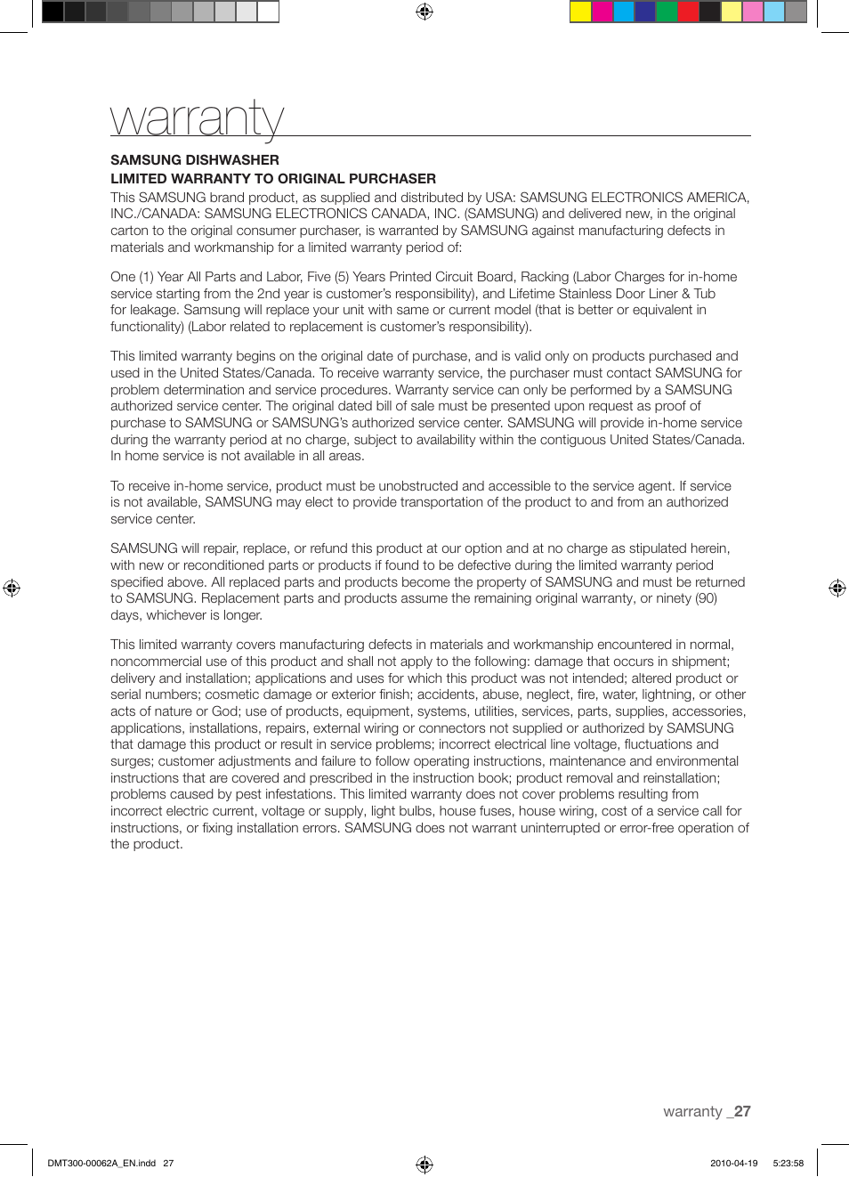 Warranty | Samsung DMT300RFB-XAA User Manual | Page 27 / 30