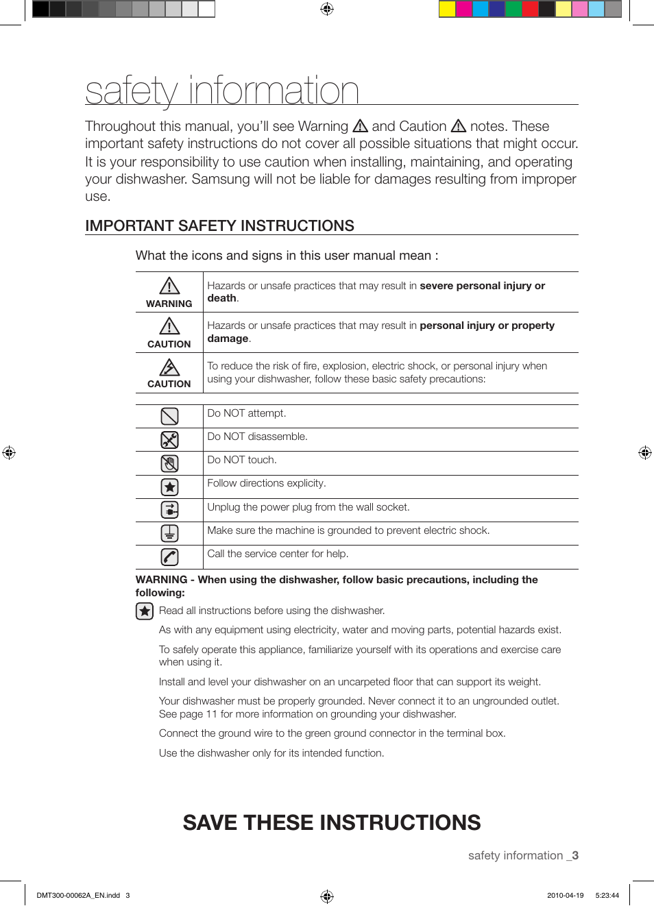 Safety information, Save these instructions, Important safety instructions | Samsung DMT300RFB-XAA User Manual | Page 3 / 30