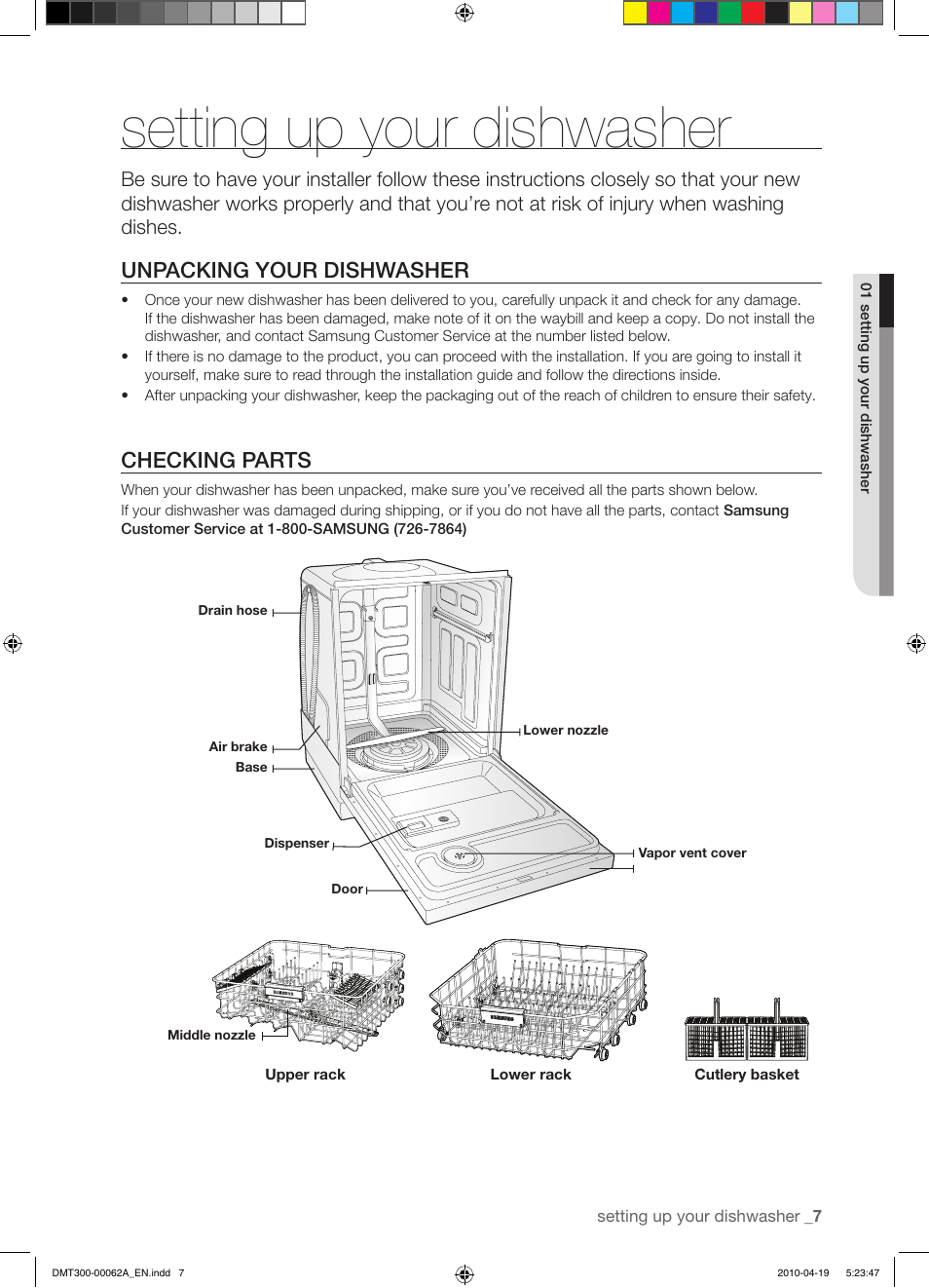 Setting up your dishwasher, Unpacking your dishwasher, Checking parts | Samsung DMT300RFB-XAA User Manual | Page 7 / 30