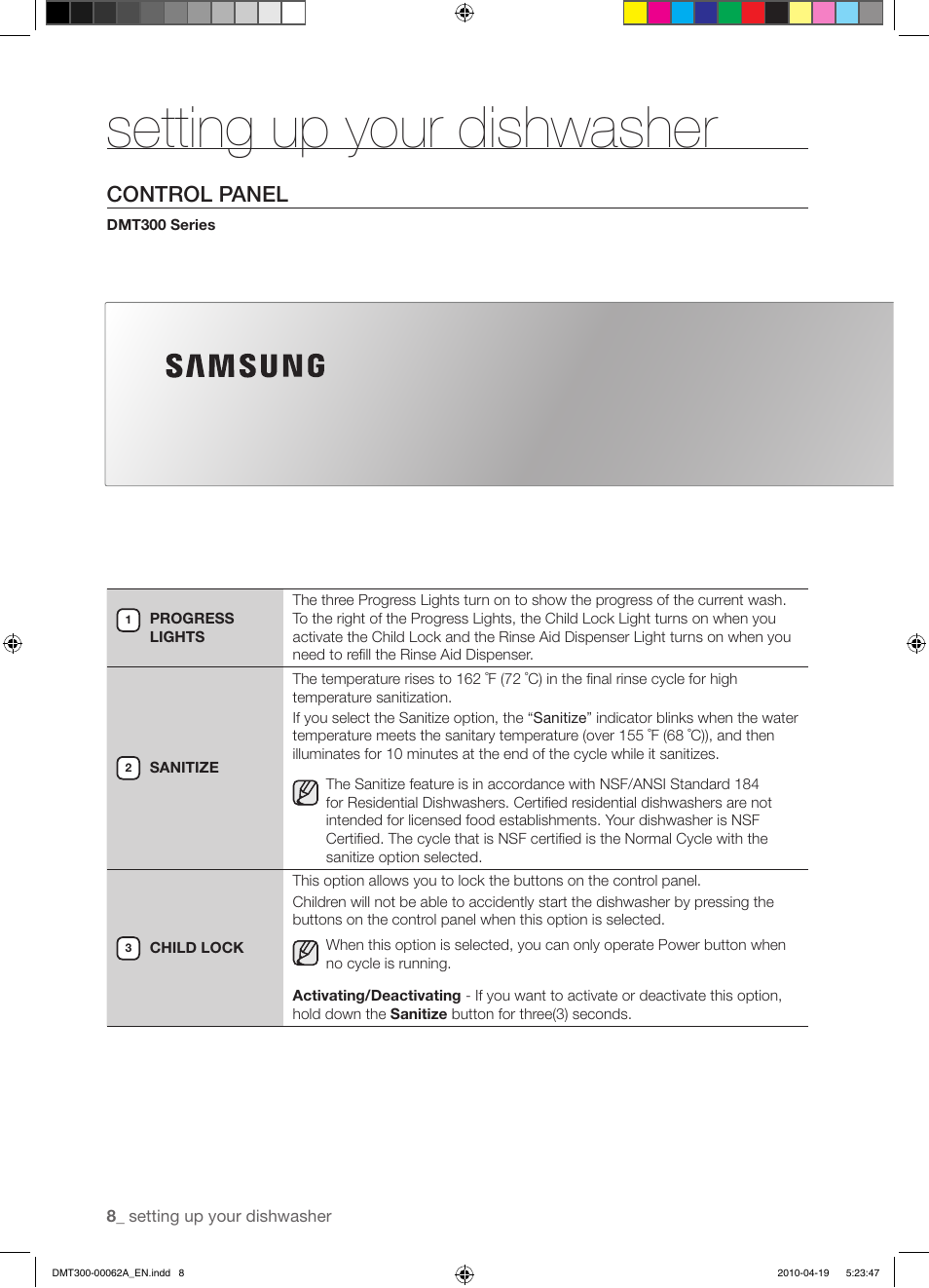 Setting up your dishwasher, Control panel | Samsung DMT300RFB-XAA User Manual | Page 8 / 30