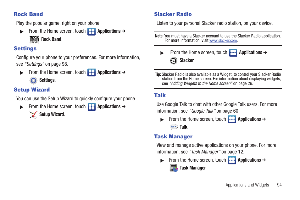 Rock band, Settings, Setup wizard | Slacker radio, Talk, Task manager, Rock band settings setup wizard slacker radio, Talk task manager | Samsung SCH-I510RAOVZW User Manual | Page 101 / 166