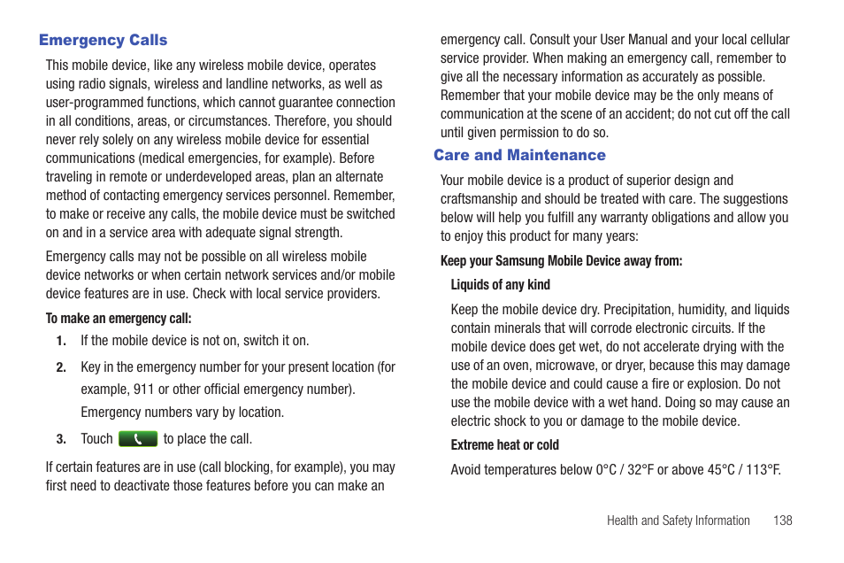 Emergency calls, Care and maintenance, Emergency calls care and maintenance | Samsung SCH-I510RAOVZW User Manual | Page 145 / 166