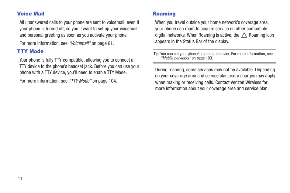 Voice mail, Tty mode, Roaming | Voice mail tty mode roaming | Samsung SCH-I510RAOVZW User Manual | Page 18 / 166