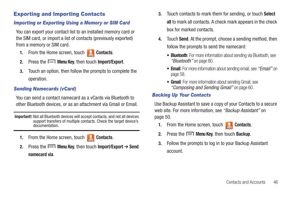 Exporting and importing contacts | Samsung SCH-I510RAOVZW User Manual | Page 53 / 166