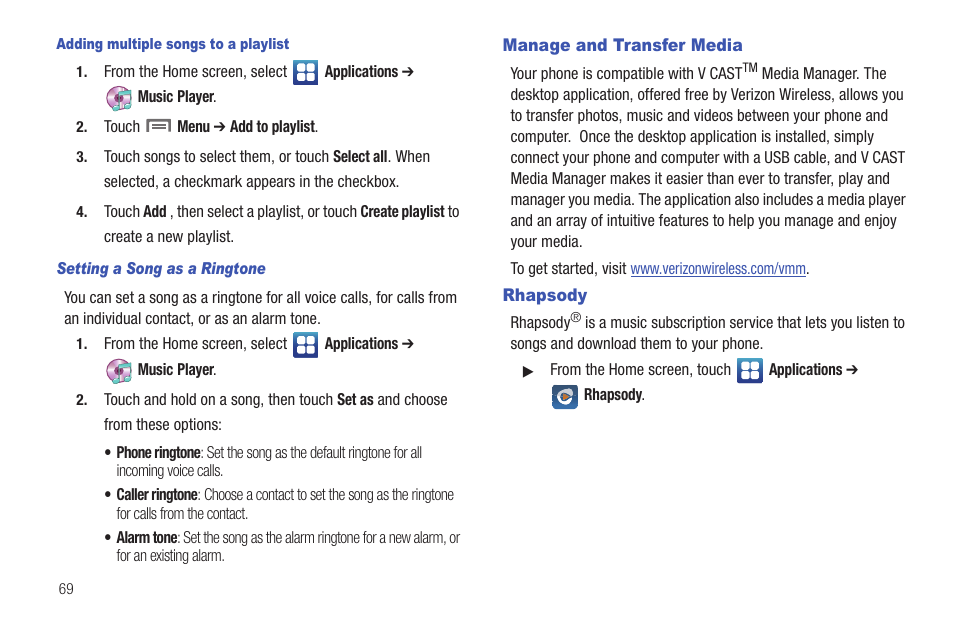 Manage and transfer media, Rhapsody | Samsung SCH-I510RAOVZW User Manual | Page 76 / 166