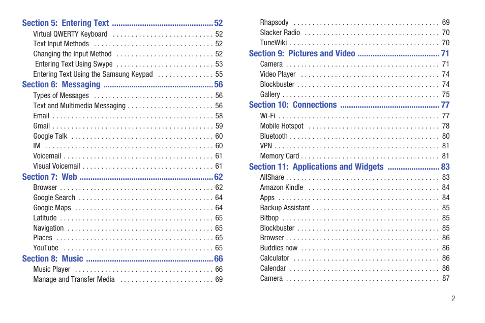 Section 5: entering text 52, Section 6: messaging 56, Section 7: web 62 | Section 8: music 66, Section 9: pictures and video 71, Section 10: connections 77, Section 11: applications and widgets 83 | Samsung SCH-I510RAOVZW User Manual | Page 9 / 166