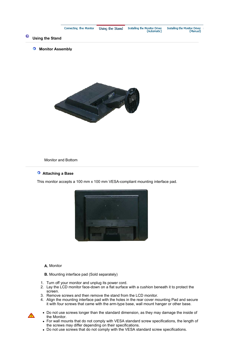 Using the stand, Installing the monitor driver (automatic) | Samsung LS22WJWCBUXAA User Manual | Page 17 / 48