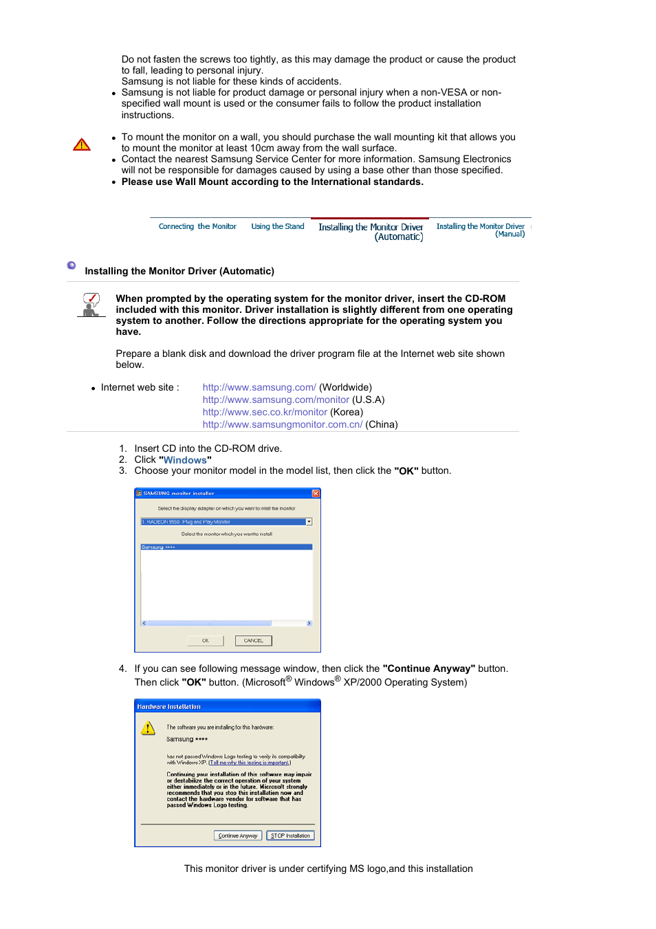 Installing the monitor driver (manual) | Samsung LS22WJWCBUXAA User Manual | Page 18 / 48