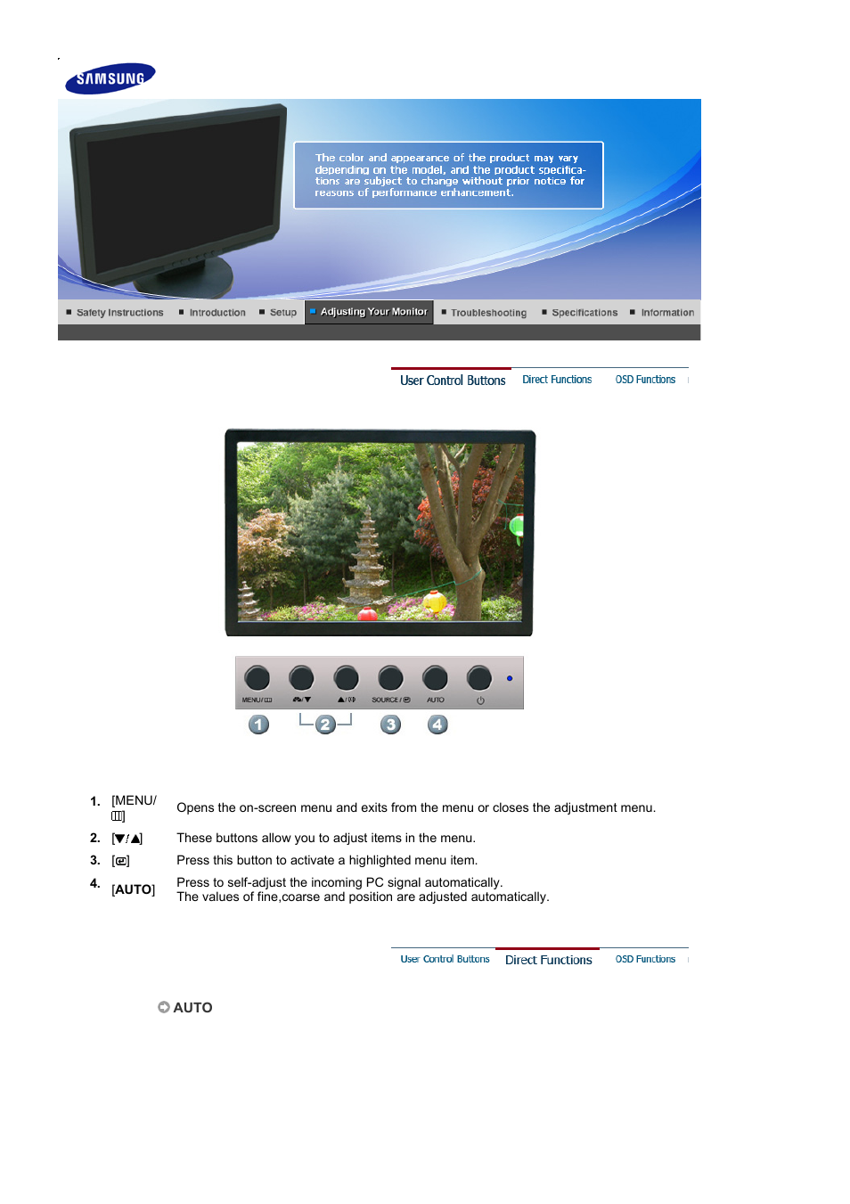 Adjusting your monitor, User control buttons, Direct-access features | Samsung LS22WJWCBUXAA User Manual | Page 26 / 48