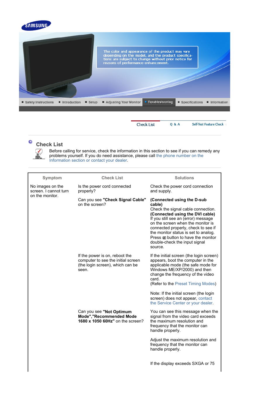 Troubleshooting, Check list, Q & a | Samsung LS22WJWCBUXAA User Manual | Page 36 / 48