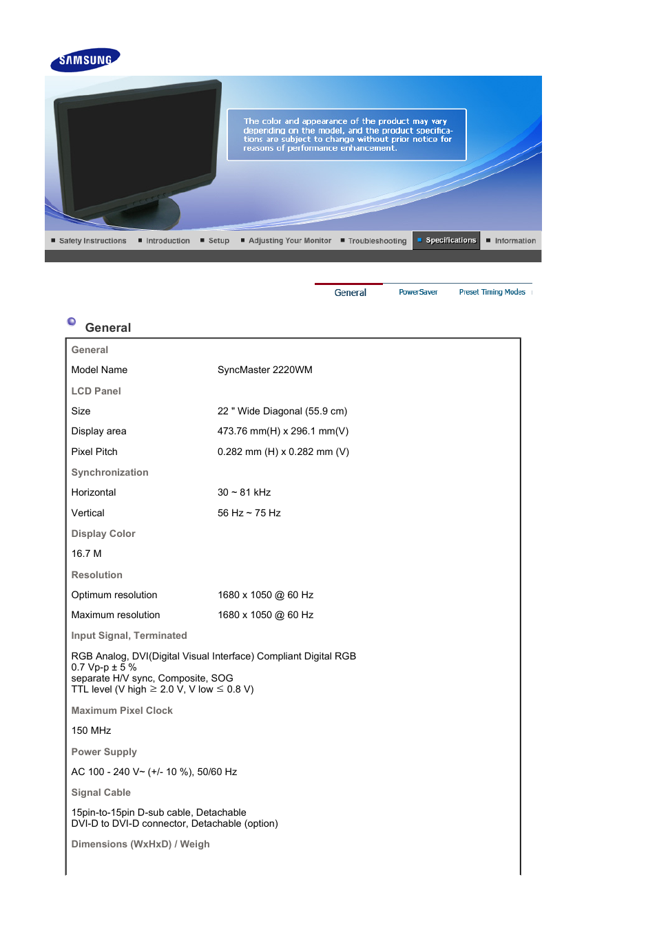 Specifications, General | Samsung LS22WJWCBUXAA User Manual | Page 41 / 48
