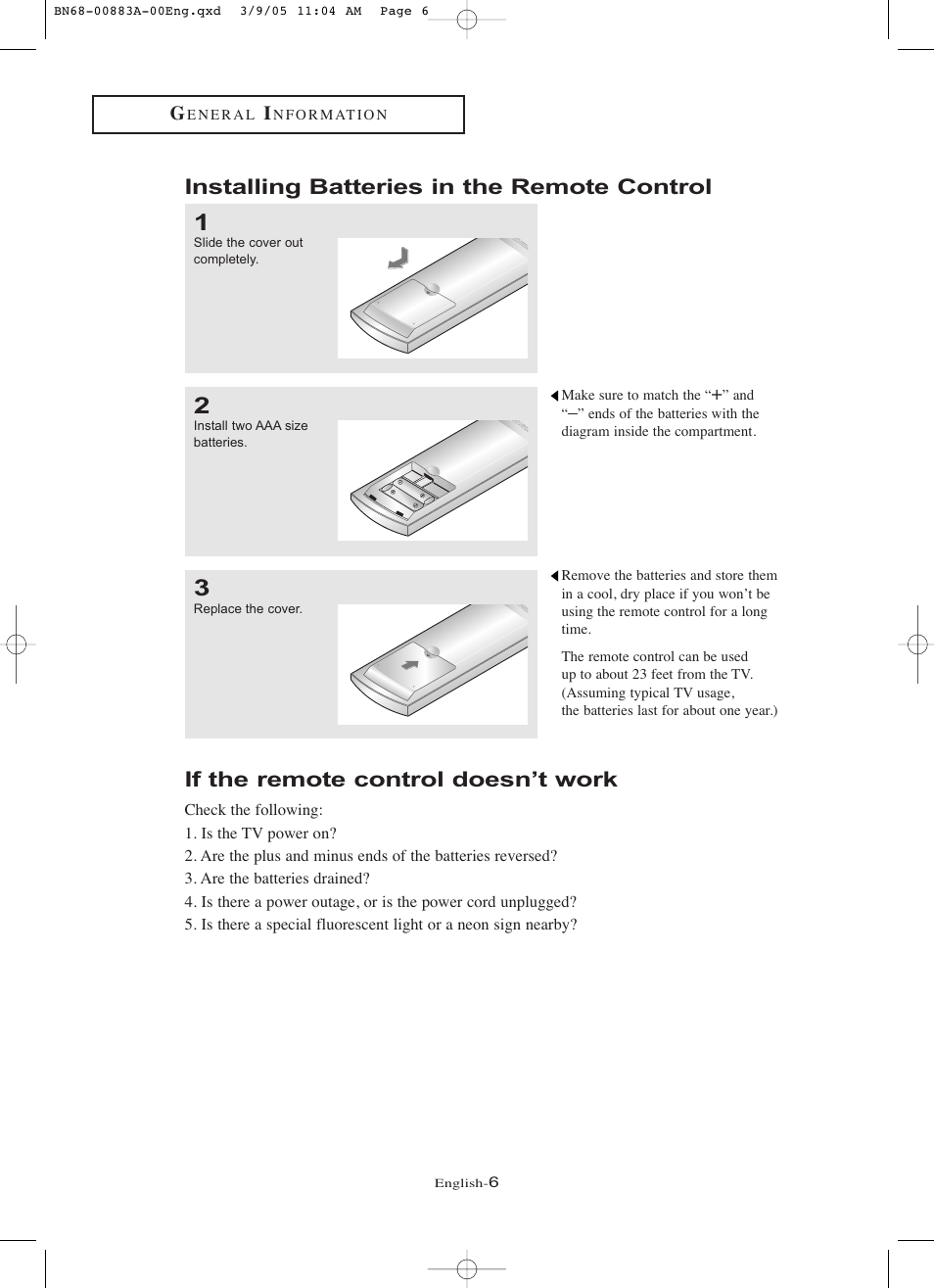 Installing batteries in the remote control, If the remote control doesn’t work | Samsung LNR237WX-XAP User Manual | Page 11 / 88