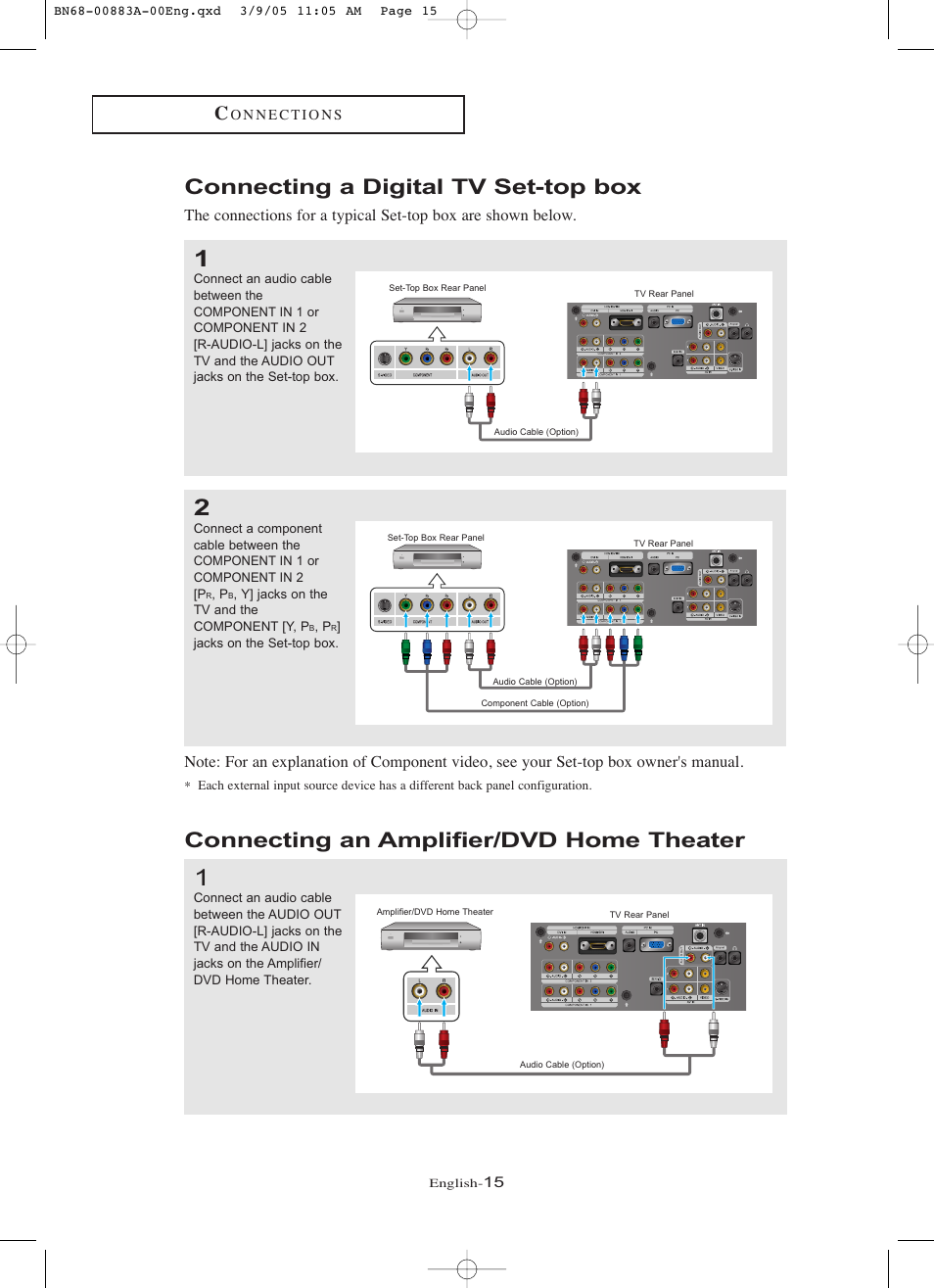 Connecting a digital tv set-top box, Connecting an amplifier/dvd home theater | Samsung LNR237WX-XAP User Manual | Page 20 / 88