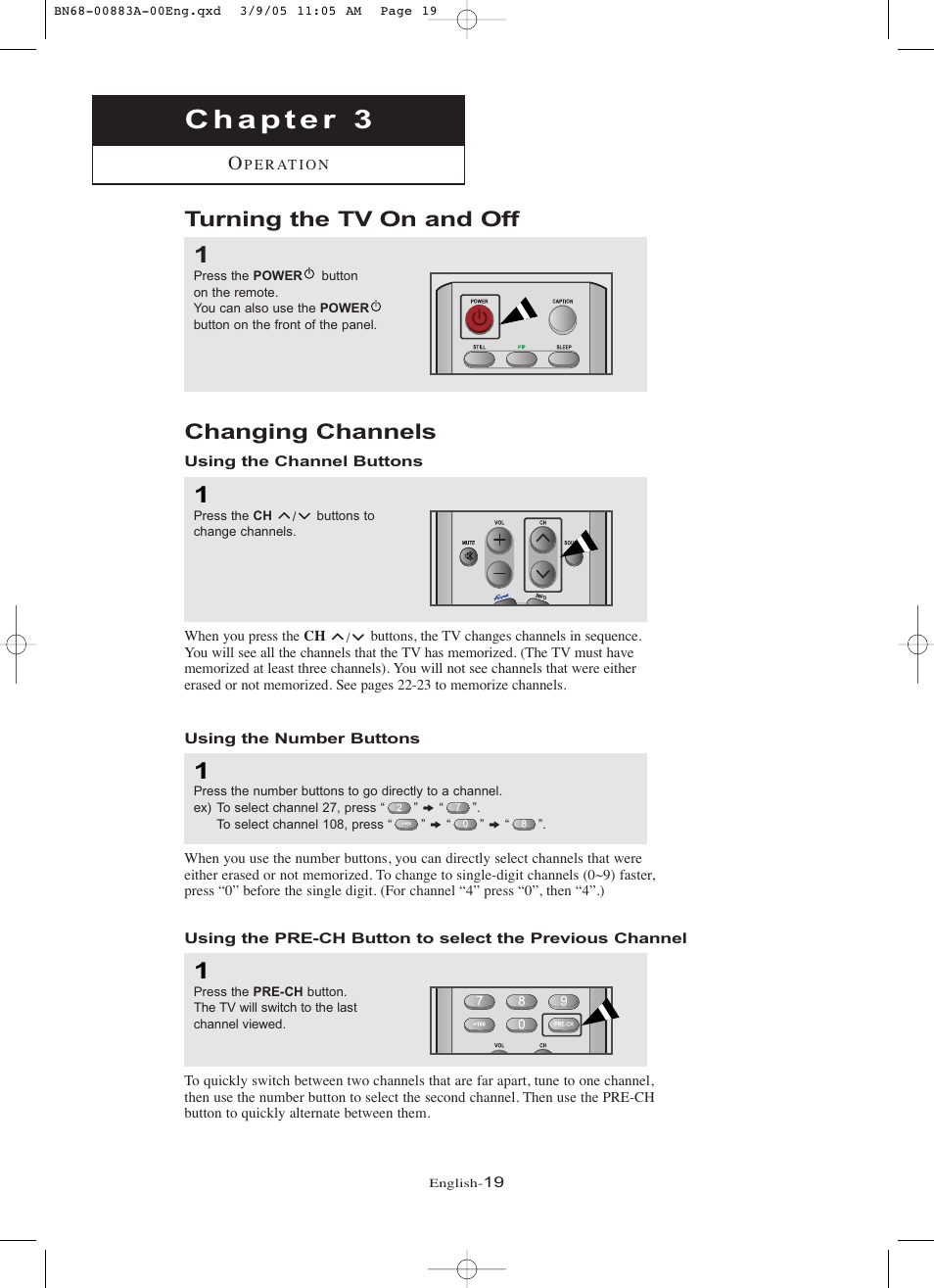 Chapter 3: operation, Turning the tv on and off, Changing channels | Samsung LNR237WX-XAP User Manual | Page 24 / 88