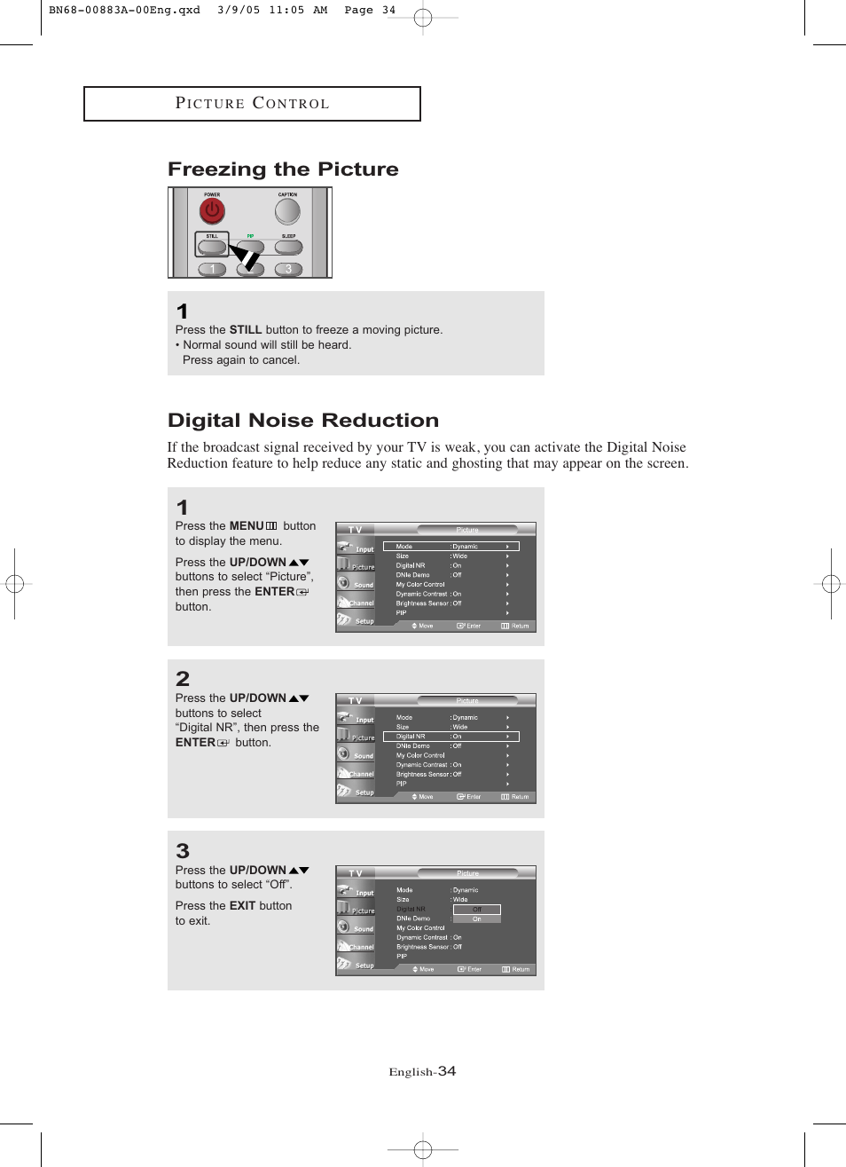 Freezing the picture, Digital noise reduction | Samsung LNR237WX-XAP User Manual | Page 39 / 88