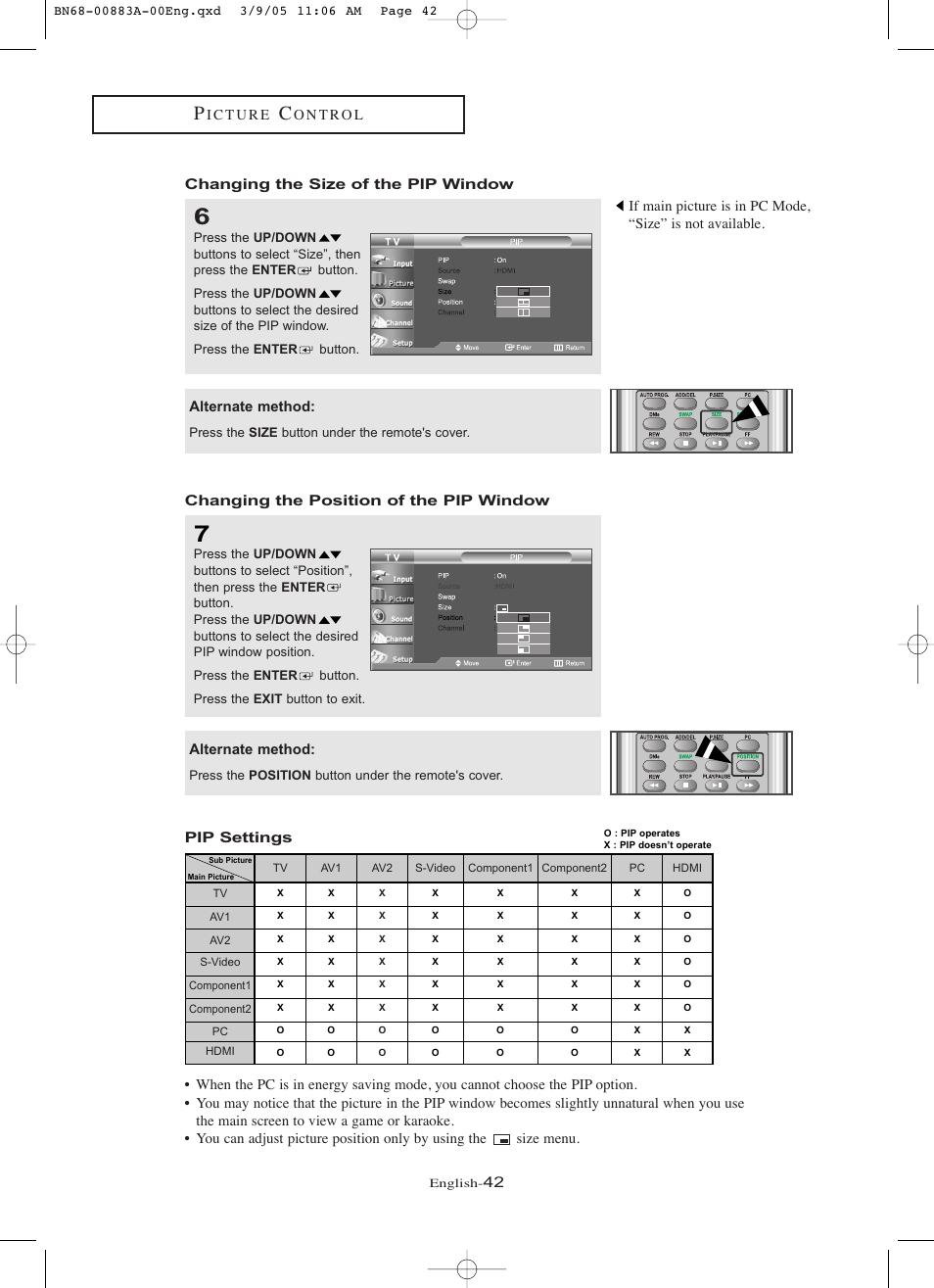 Changing the size of the pipwindow, Changing the position of the pipwindow, Pip settings | Changing the size of the pip window, Alternate method | Samsung LNR237WX-XAP User Manual | Page 47 / 88