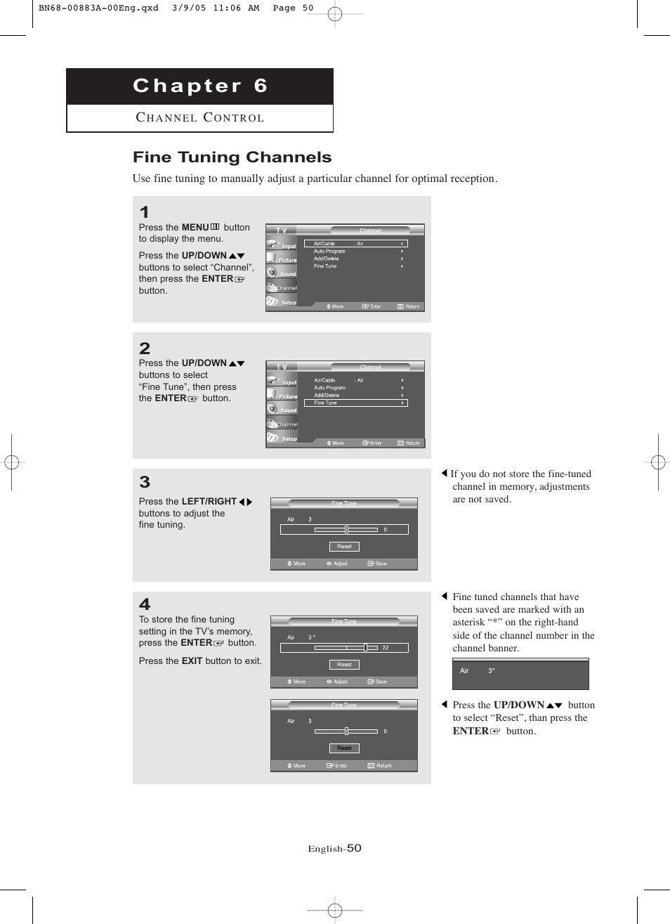 Chapter 6: channel control, Fine tuning channels | Samsung LNR237WX-XAP User Manual | Page 55 / 88