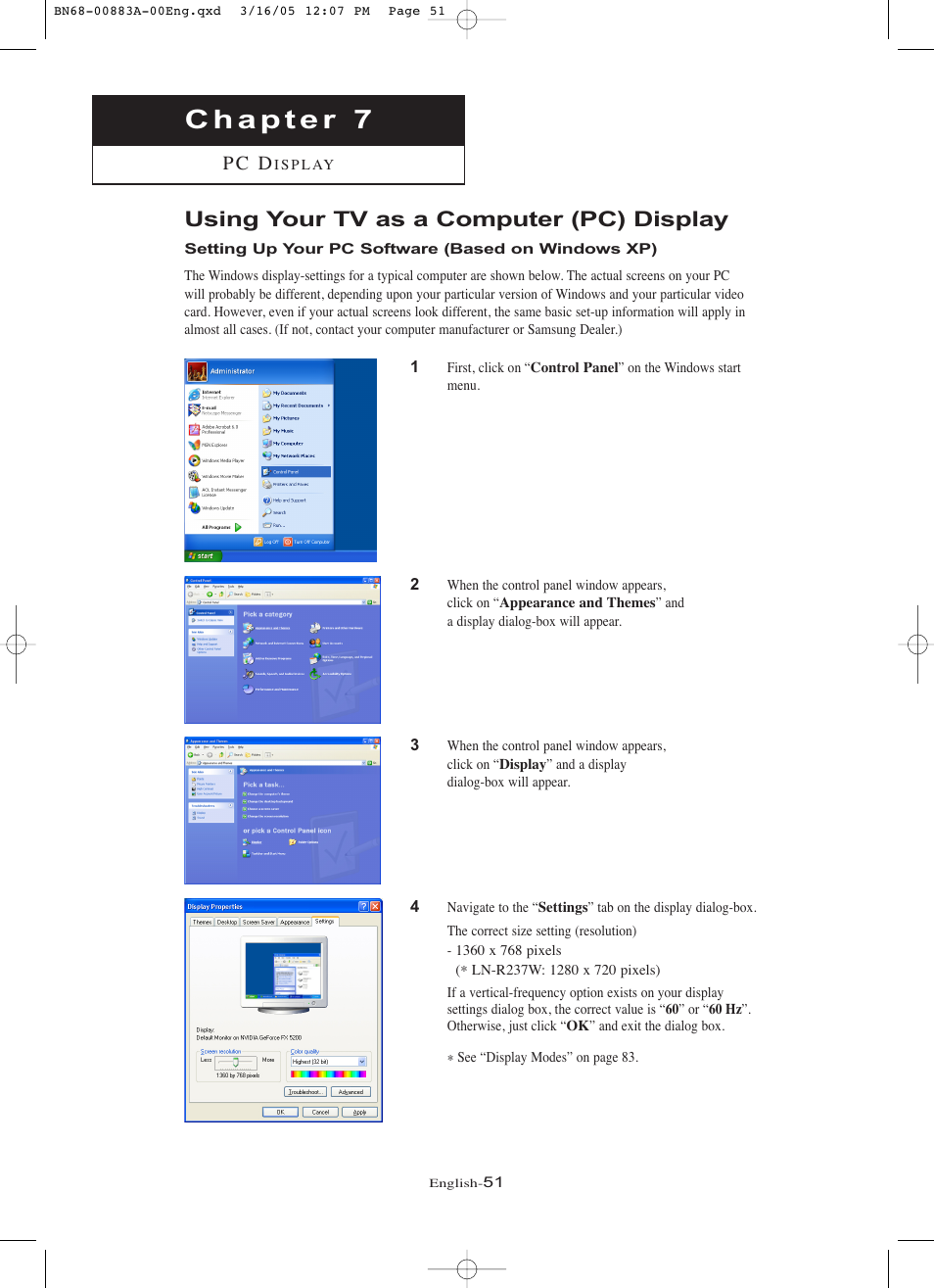 Using your tv as a computer (pc) display, Setting up your pc software (based on windows xp), P c d | Samsung LNR237WX-XAP User Manual | Page 56 / 88