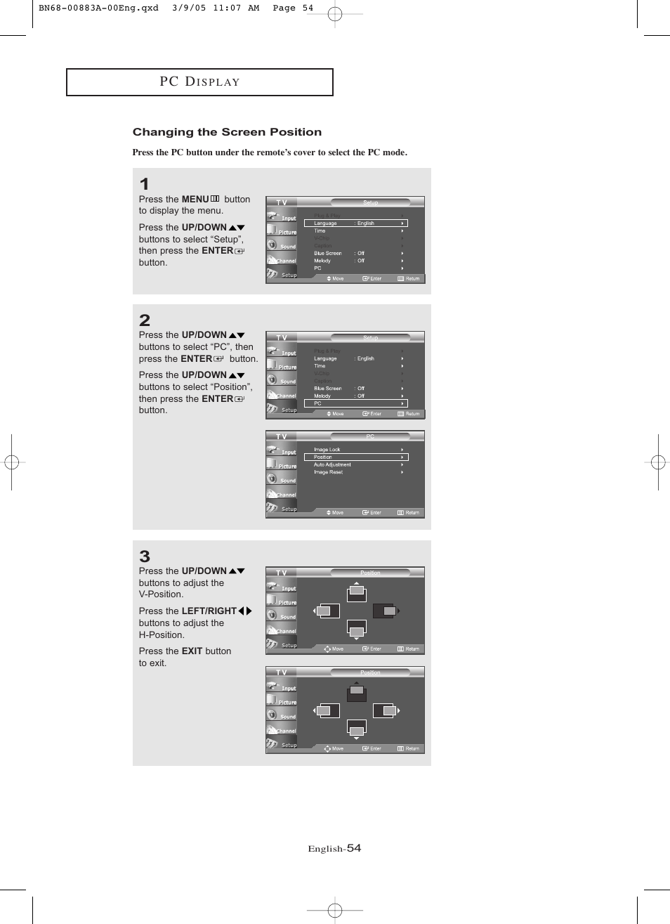 Changing the screen position, P c d | Samsung LNR237WX-XAP User Manual | Page 59 / 88