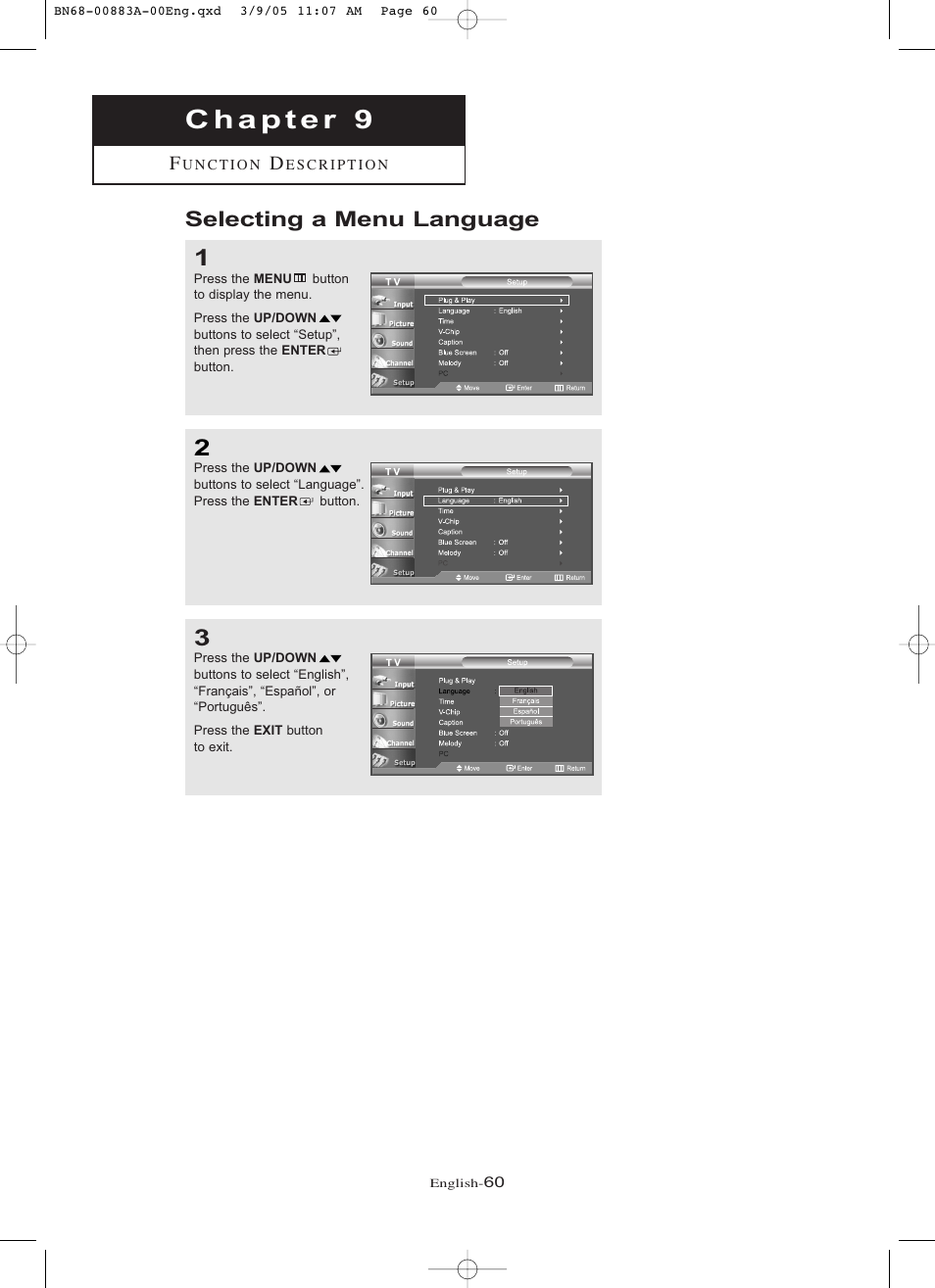 Chapter 9: function description, Selecting a menu language | Samsung LNR237WX-XAP User Manual | Page 65 / 88