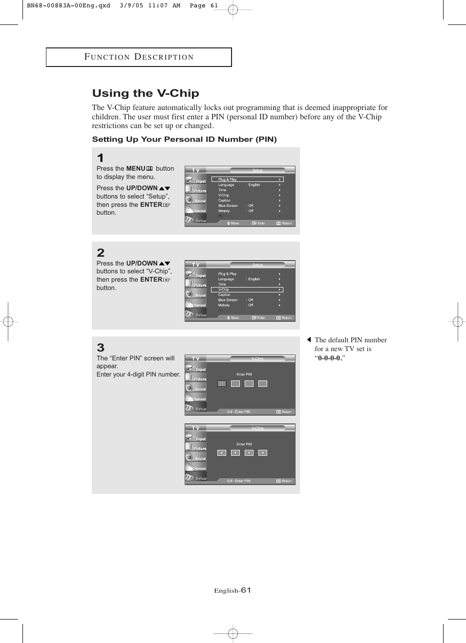 Using the v-chip, Setting up your personal id number (pin) | Samsung LNR237WX-XAP User Manual | Page 66 / 88