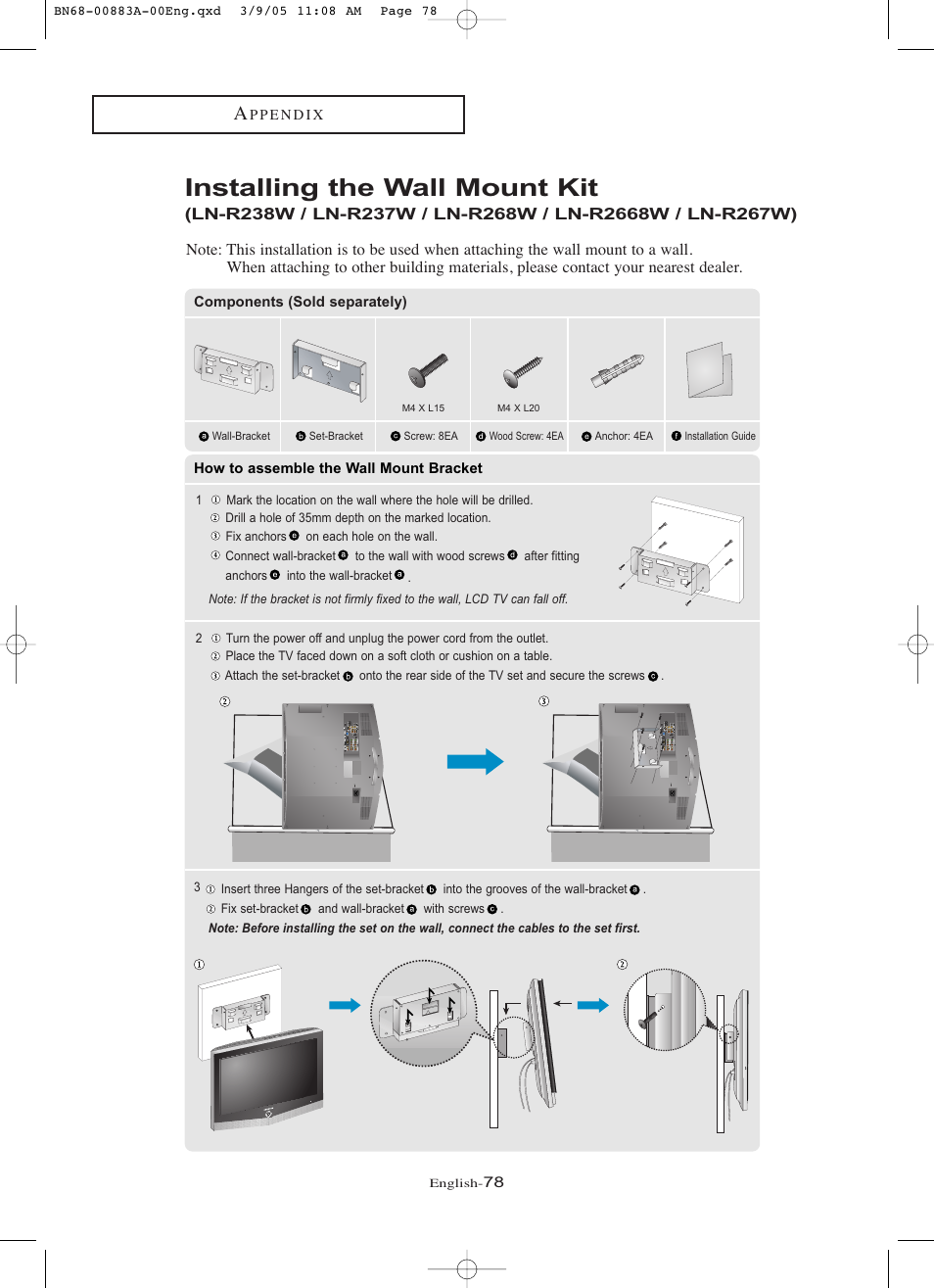 Installing the wall mount kit | Samsung LNR237WX-XAP User Manual | Page 83 / 88