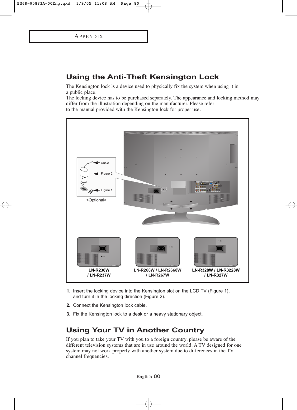 Using the anti-theft kensington lock, Using your tv in another country | Samsung LNR237WX-XAP User Manual | Page 85 / 88