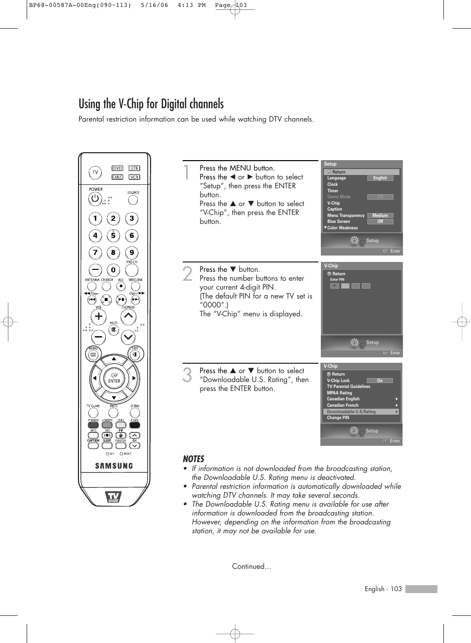 Using the v-chip for digital channels | Samsung HLS5679WX-XAA User Manual | Page 103 / 160