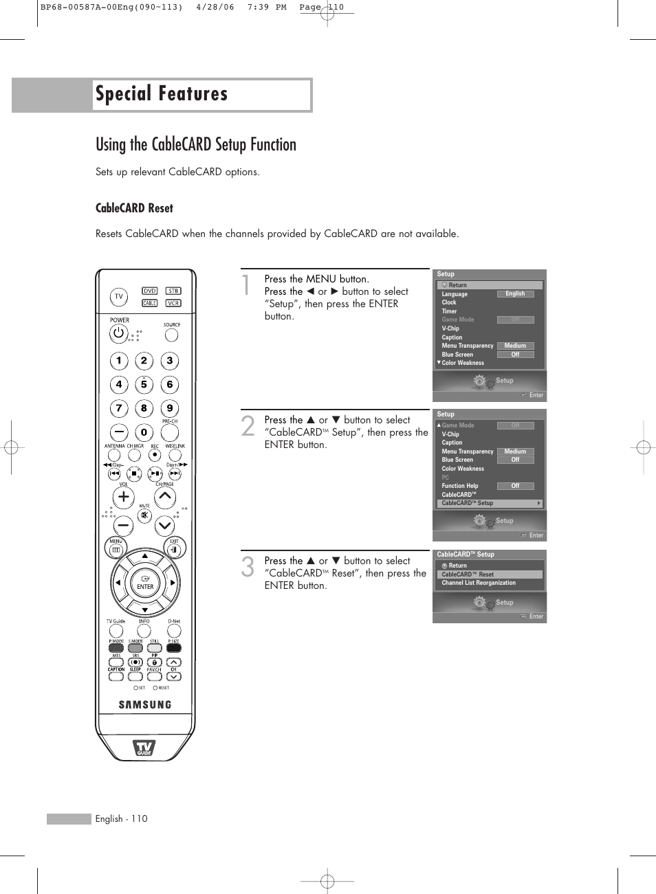 Using the cablecard setup function, Special features, Cablecard reset | Samsung HLS5679WX-XAA User Manual | Page 110 / 160