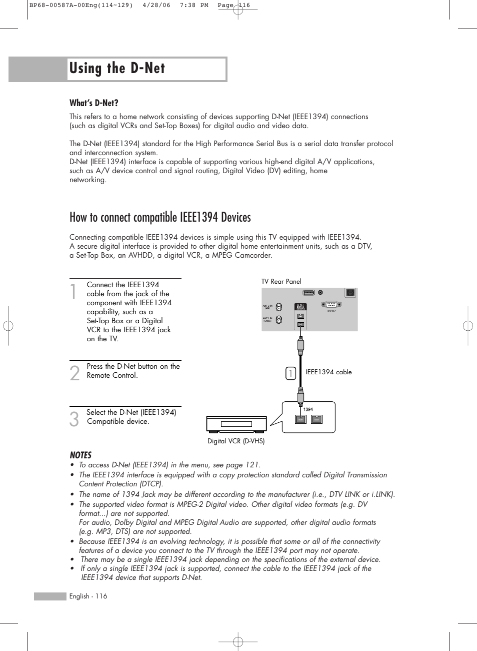 Using the d-net, What’s d-net, How to connect compatible ieee1394 devices | Samsung HLS5679WX-XAA User Manual | Page 116 / 160