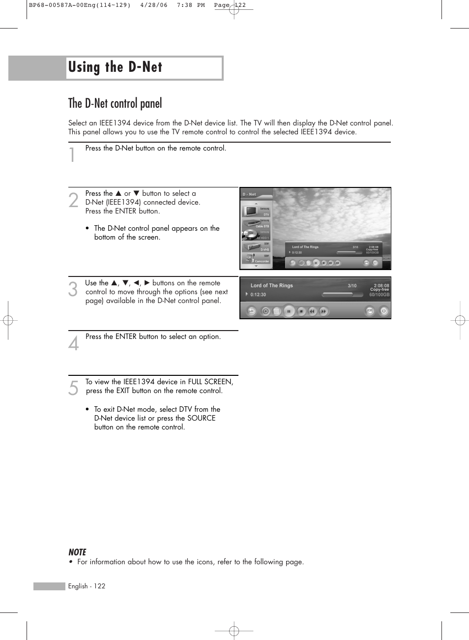 The d-net control panel, Using the d-net | Samsung HLS5679WX-XAA User Manual | Page 122 / 160