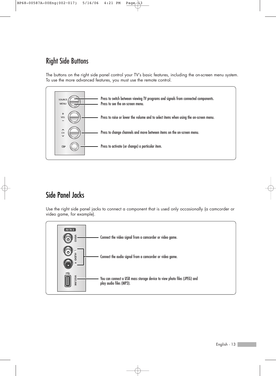 Right side buttons, Side panel jacks | Samsung HLS5679WX-XAA User Manual | Page 13 / 160
