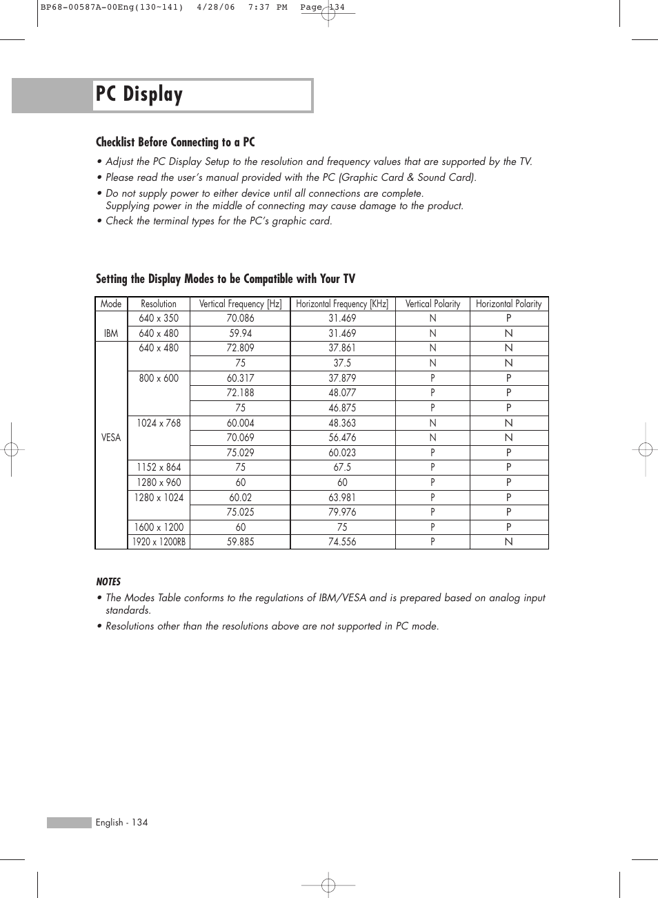 Pc display, Checklist before connecting to a pc | Samsung HLS5679WX-XAA User Manual | Page 134 / 160