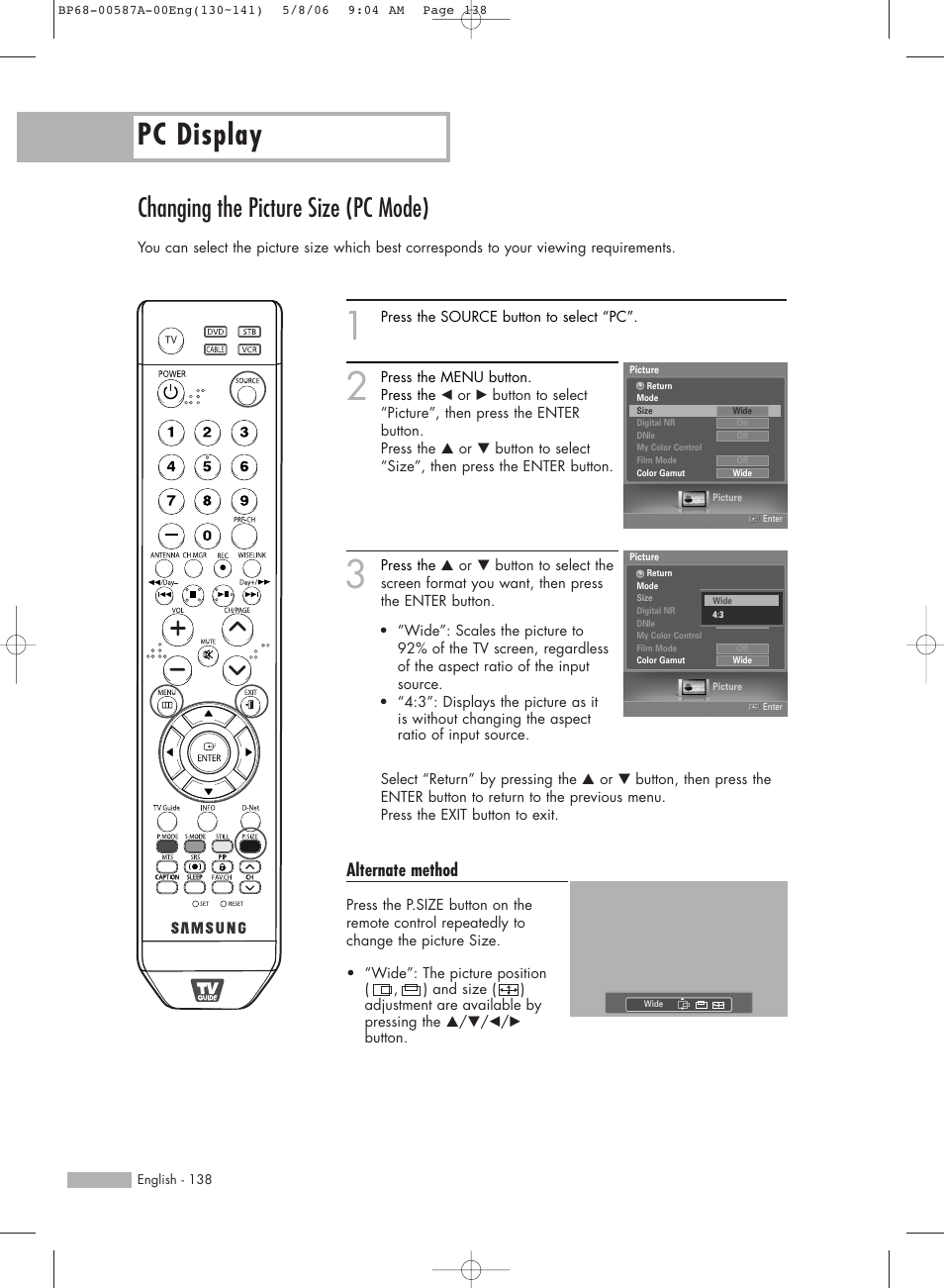 Changing the picture size (pc mode), Pc display, Alternate method | Samsung HLS5679WX-XAA User Manual | Page 138 / 160
