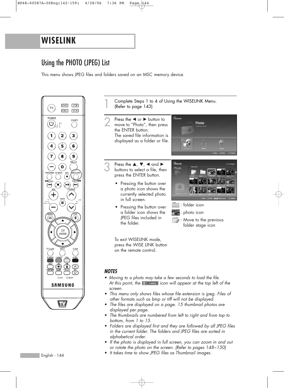 Using the photo (jpeg) list, Wiselink | Samsung HLS5679WX-XAA User Manual | Page 144 / 160