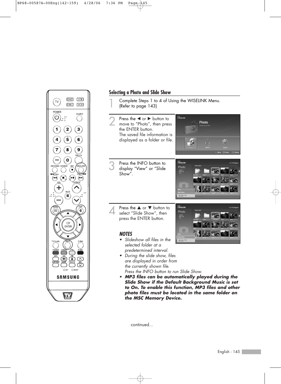 Selecting a photo and slide show | Samsung HLS5679WX-XAA User Manual | Page 145 / 160