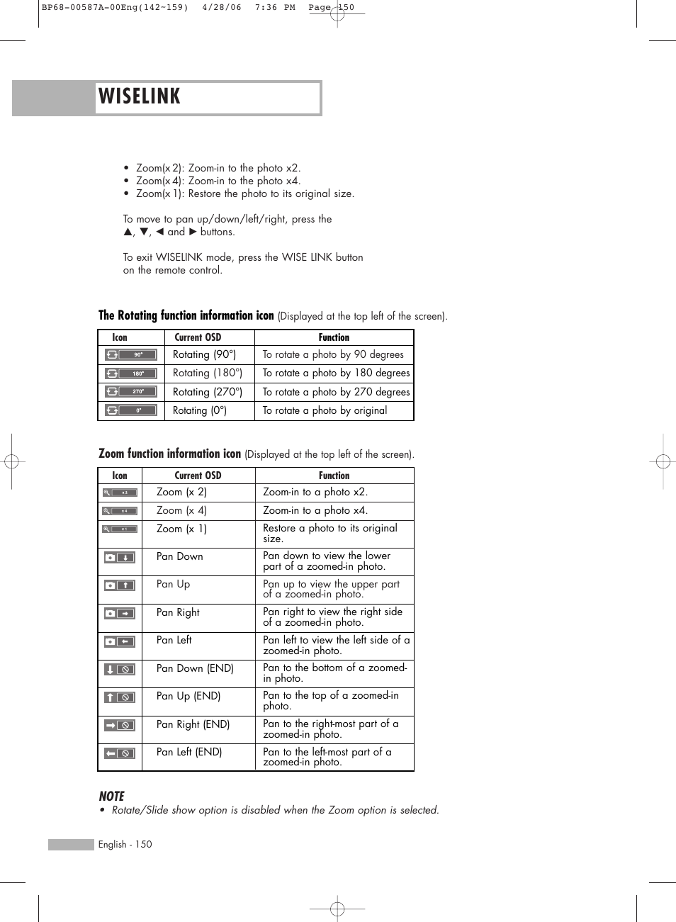 Wiselink, Zoom function information icon, The rotating function information icon | Samsung HLS5679WX-XAA User Manual | Page 150 / 160